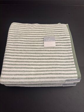2pc TRULY LOU 100% Cotton Stripe Bath Towel Set -Soft -Absorbent - Wht/Oil Green